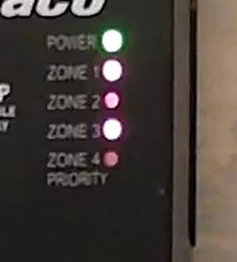 4x zoom of the Taco panel's LED column: POWER, ZONE 1, ZONE 2, ZONE 3, ZONE 4/PRIORITY